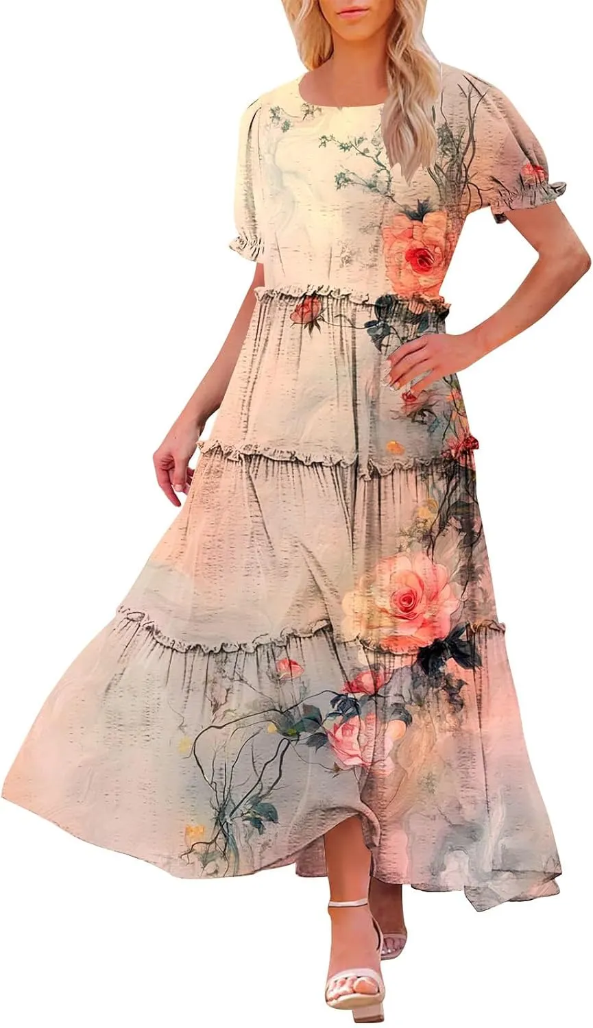 Women's Boho Maxi Dress Elegant Summer Floral Print Dress Short Sleeve Crewneck Tiered A-Line Casual Beach Dresses