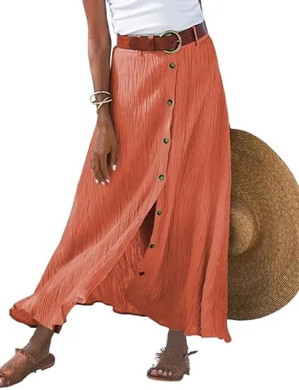 Womens Button Front Maxi Skirt Mid Waist Boho A-Line Summer Cotton Pleated Slit Flowy Swing Long Skirt