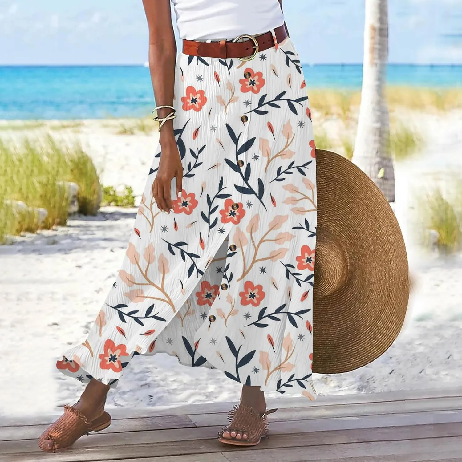 Womens Button Front Maxi Skirt Mid Waist Boho A-Line Summer Cotton Pleated Slit Flowy Swing Long Skirt