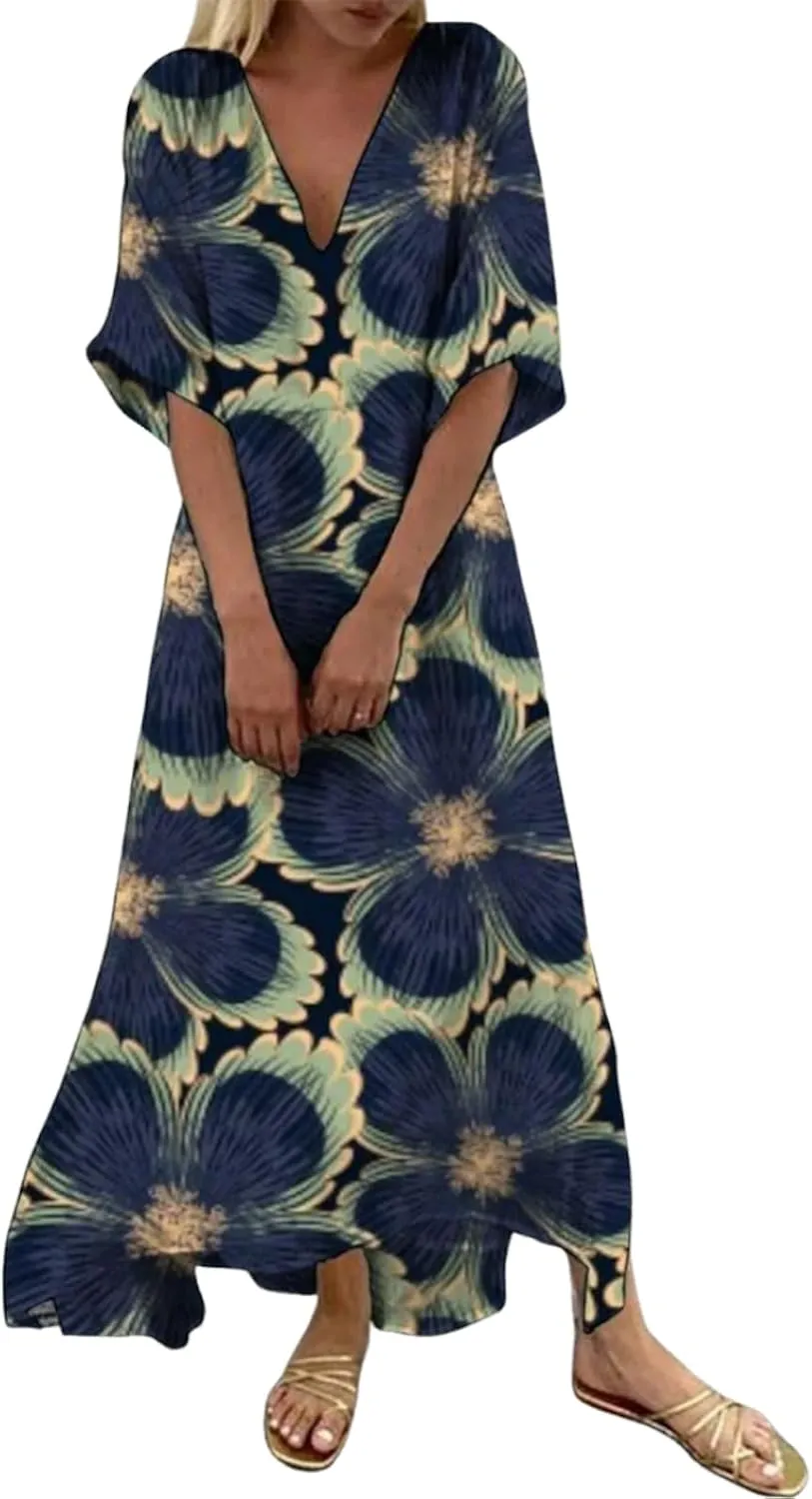 Women's Dress Floral Print Short Sleeve Maxi Dress V Neck Shift Dress 2025 Summer Beach Trendy Dress Fashion