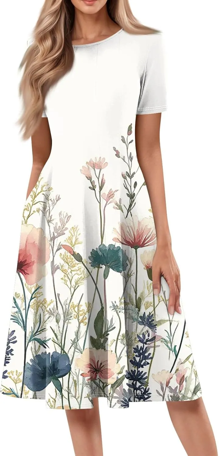 Womens Dresses 2025 Summer Empire Waist Crewneck Short Sleeve Midi Sun Dress Vacation A Line Dress Side Pockets
