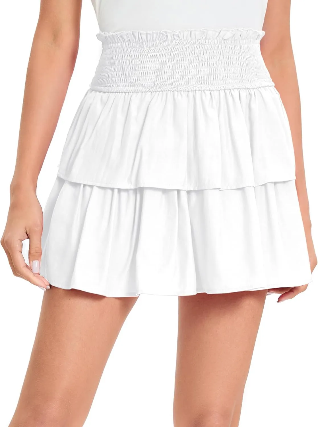 Women's High Waist Layered Pleated Mini Skirt with Ruffle Hem - White XL