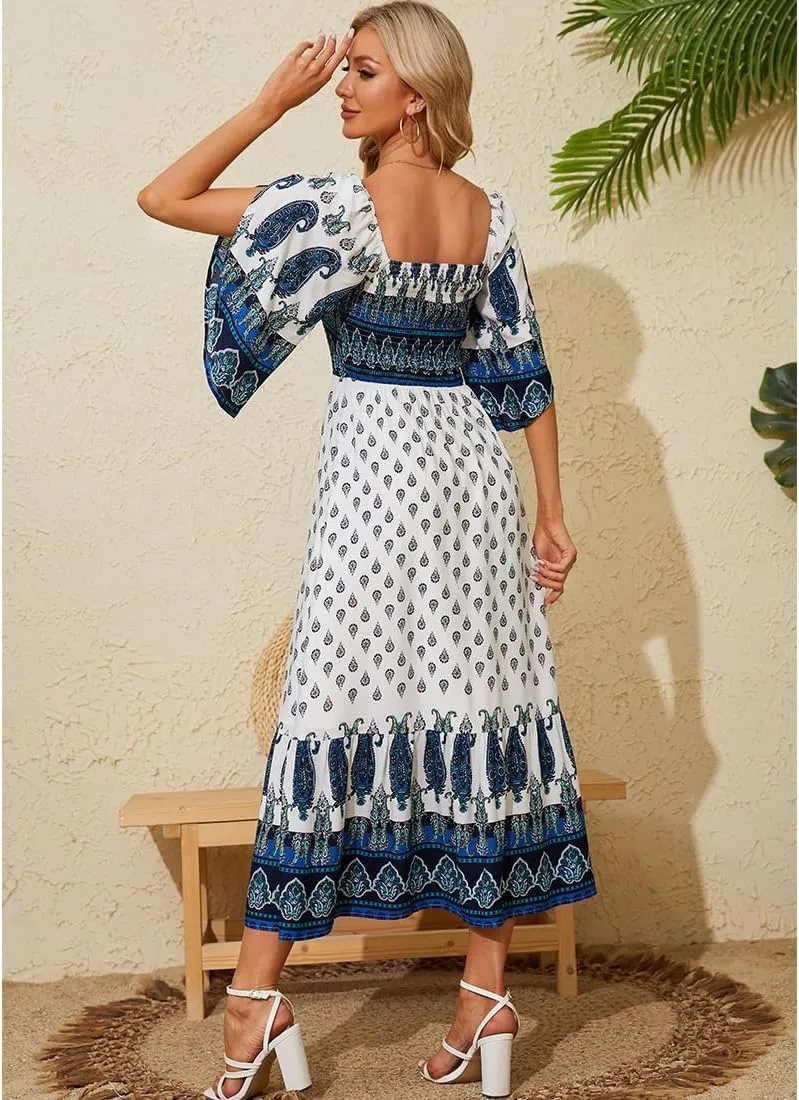 Women's Long Maxi Dress Sexy Off Shoulder Floral Dress Ruffle Short Sleeve Smocked Flowy A Line Boho Dress