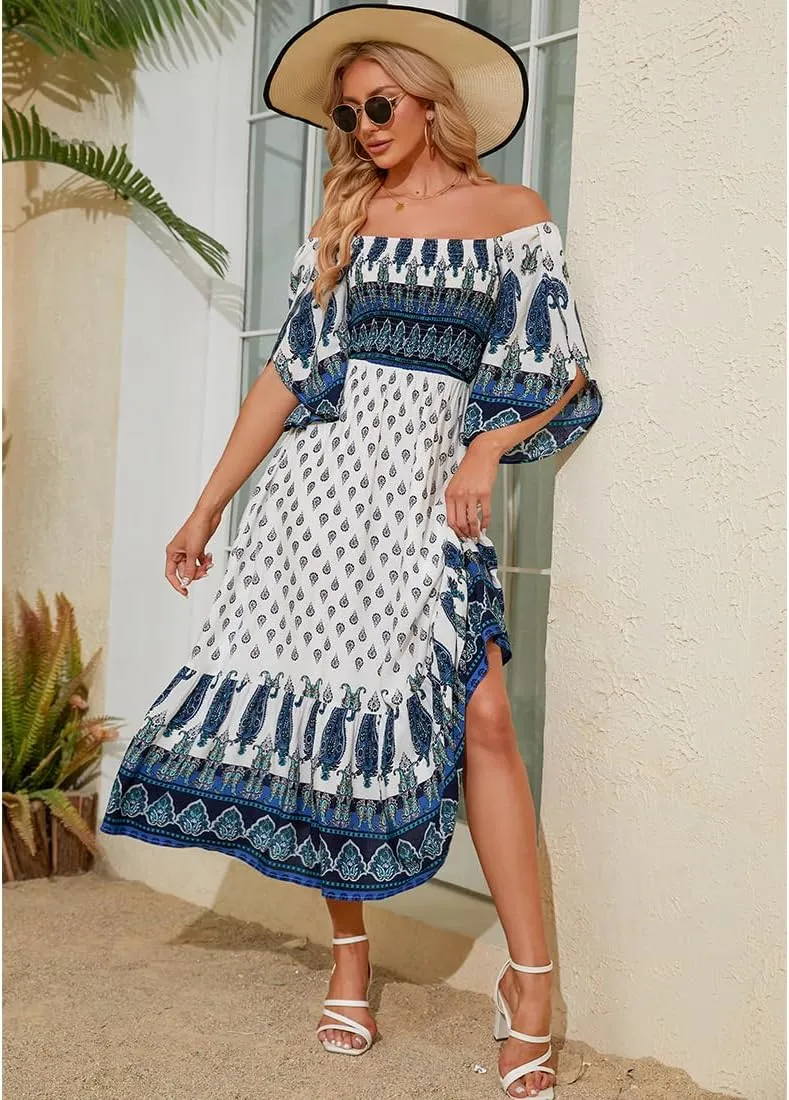 Women's Long Maxi Dress Sexy Off Shoulder Floral Dress Ruffle Short Sleeve Smocked Flowy A Line Boho Dress