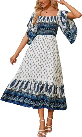 Women's Long Maxi Dress Sexy Off Shoulder Floral Dress Ruffle Short Sleeve Smocked Flowy A Line Boho Dress