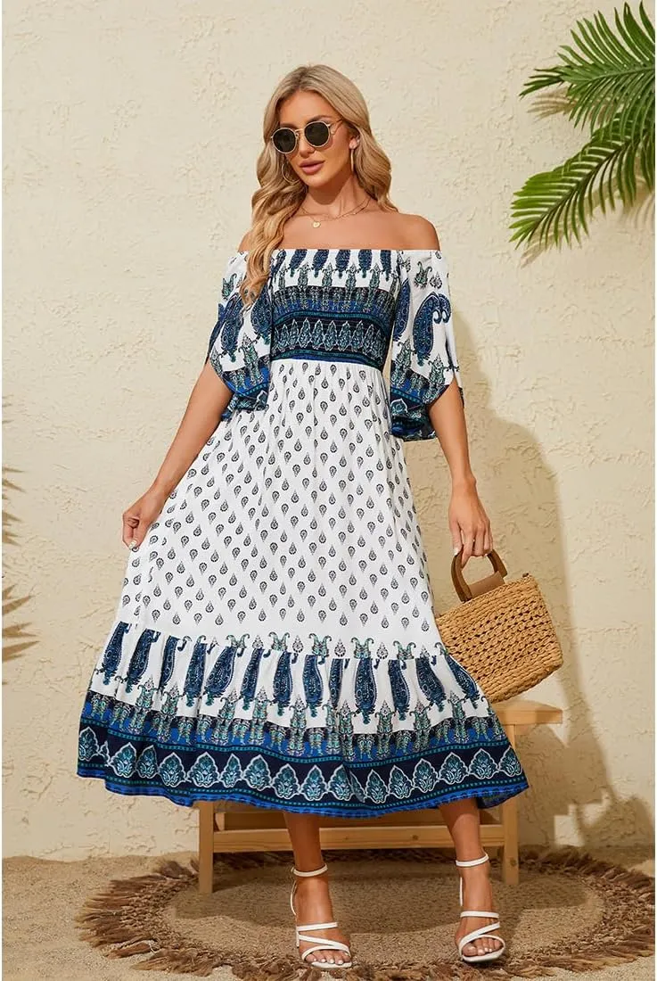 Women's Long Maxi Dress Sexy Off Shoulder Floral Dress Ruffle Short Sleeve Smocked Flowy A Line Boho Dress