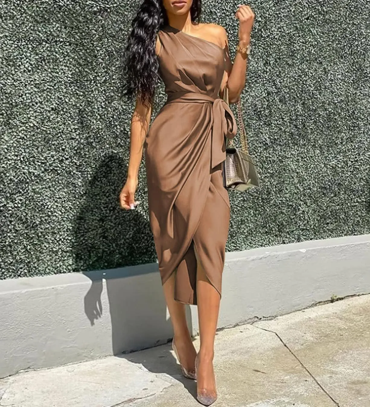 Women's One Shoulder Satin Dress Ruched Bodycon Dress Asymmetrical Split Dress Wrap Belted Tea Party Midi Pencil Dresses