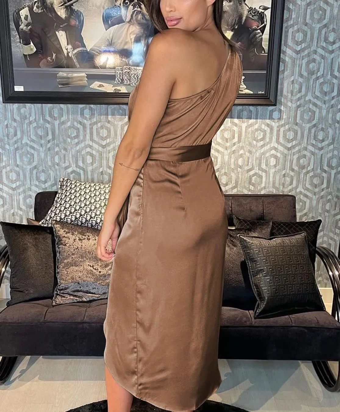 Women's One Shoulder Satin Dress Ruched Bodycon Dress Asymmetrical Split Dress Wrap Belted Tea Party Midi Pencil Dresses