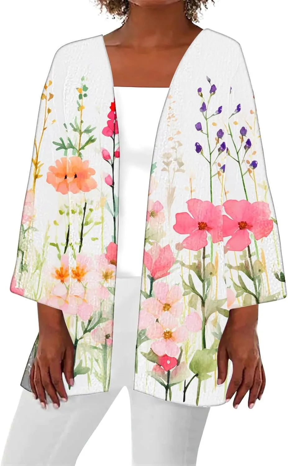 Women's Open Front Cardigan 3/4 Sleeve Casual Duster Cardigans Floral Print Jackets Lightweight Shrugs Blouse Tops