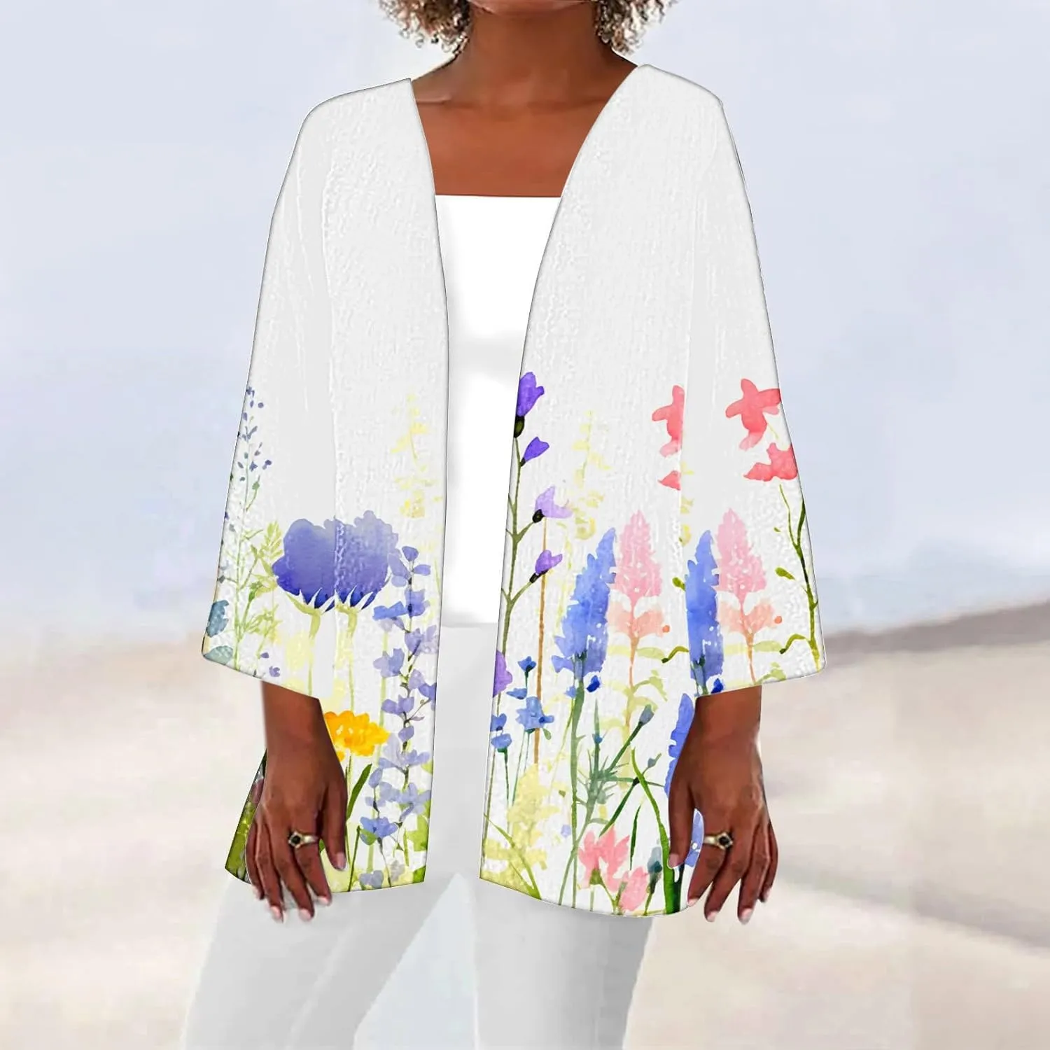 Women's Open Front Cardigan 3/4 Sleeve Casual Duster Cardigans Floral Print Jackets Lightweight Shrugs Blouse Tops