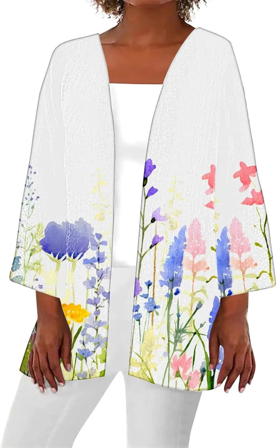 Women's Open Front Cardigan 3/4 Sleeve Casual Duster Cardigans Floral Print Jackets Lightweight Shrugs Blouse Tops