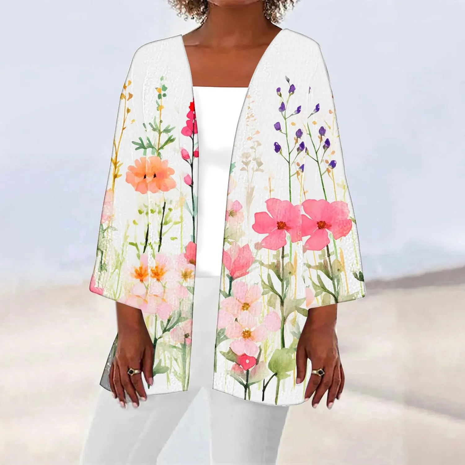 Women's Open Front Cardigan 3/4 Sleeve Casual Duster Cardigans Floral Print Jackets Lightweight Shrugs Blouse Tops
