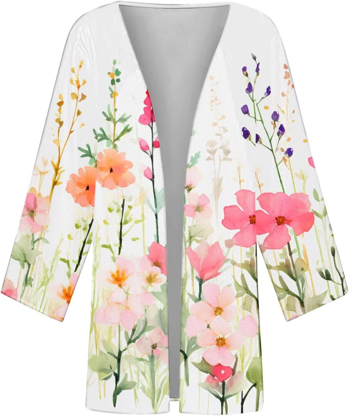 Women's Open Front Cardigan 3/4 Sleeve Casual Duster Cardigans Floral Print Jackets Lightweight Shrugs Blouse Tops