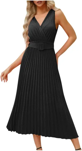 Womens Pleated Flowy Long Dress Belted A-Line Dress Summer Vacation Beach Long Dress Wedding Gueste Party Dresses