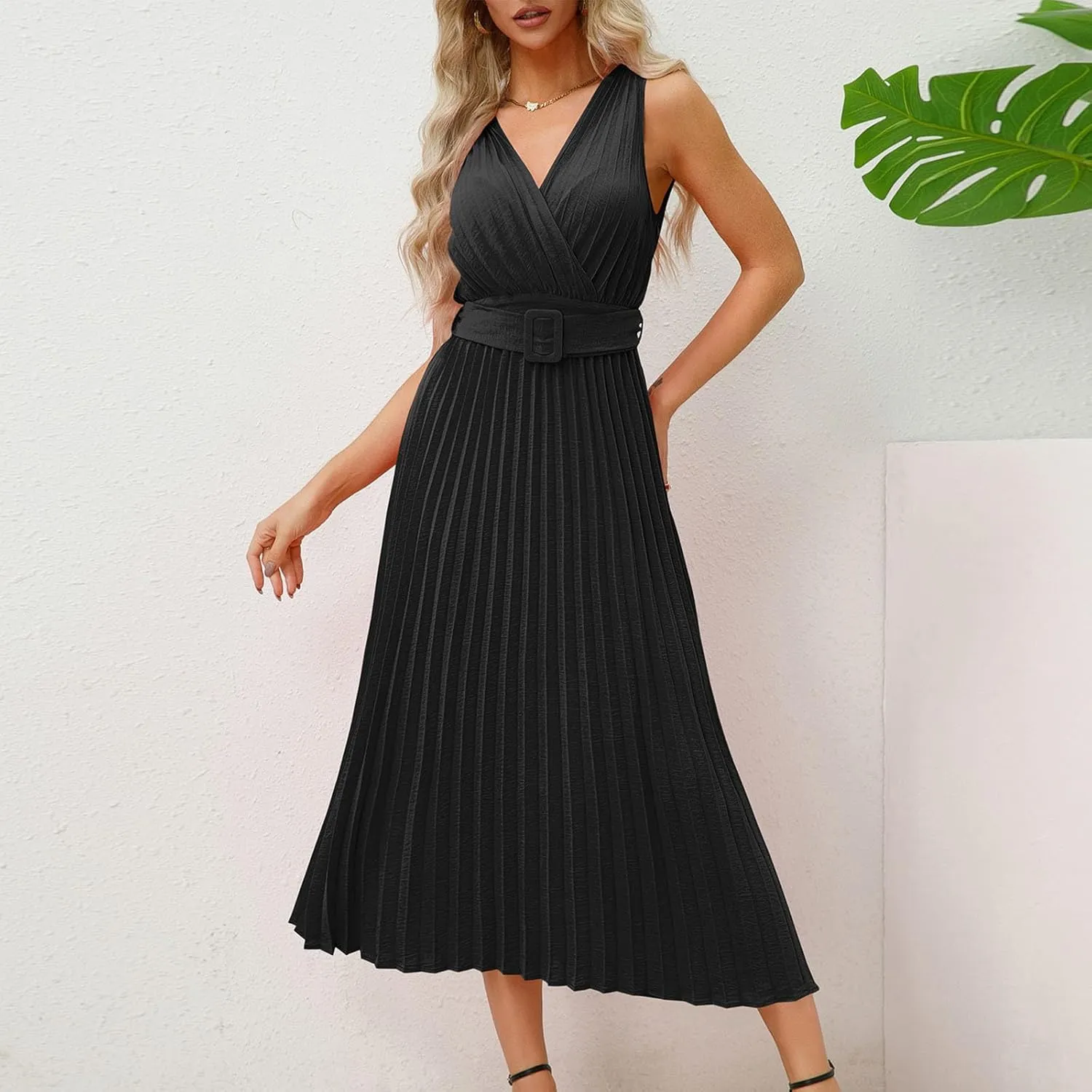 Womens Pleated Flowy Long Dress Belted A-Line Dress Summer Vacation Beach Long Dress Wedding Gueste Party Dresses