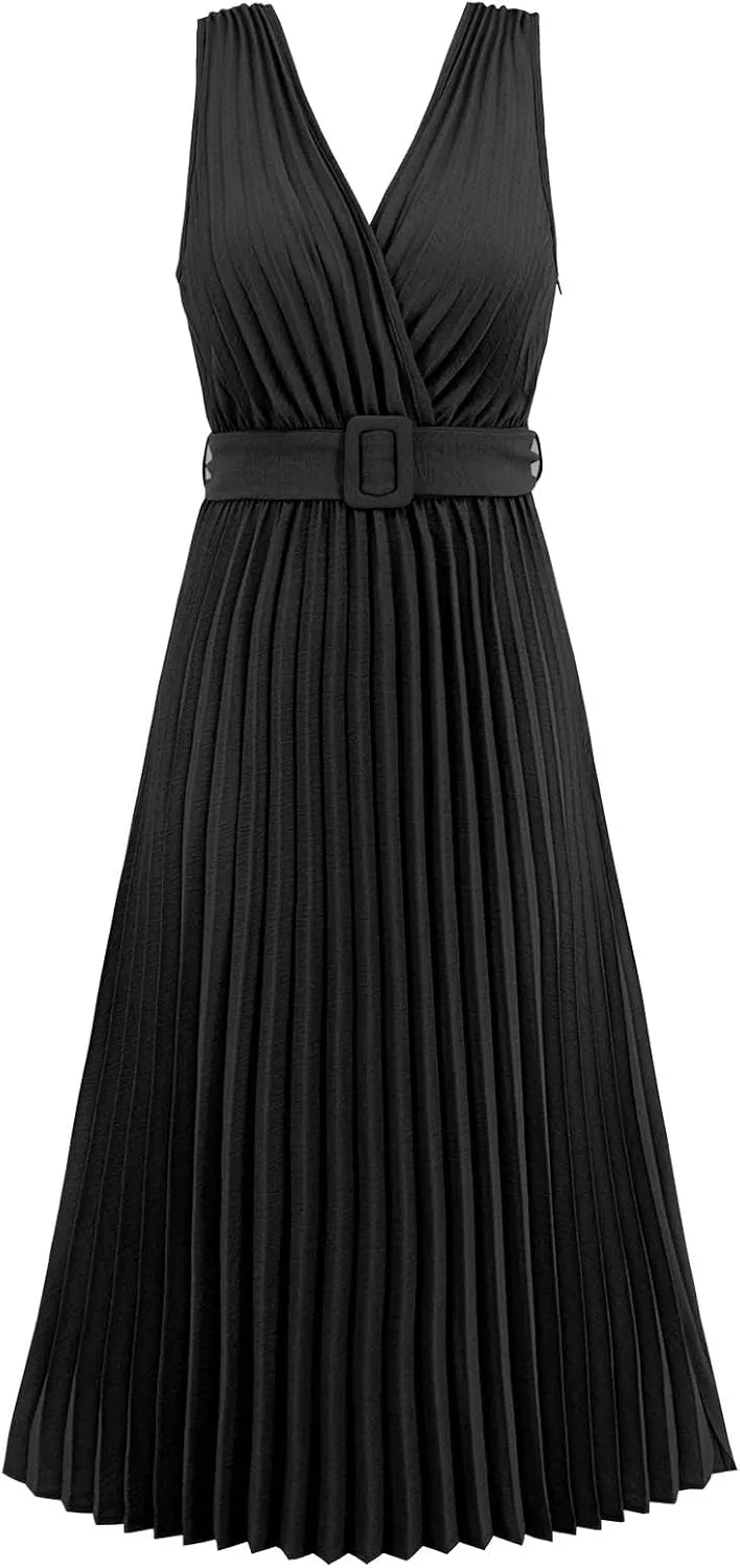 Womens Pleated Flowy Long Dress Belted A-Line Dress Summer Vacation Beach Long Dress Wedding Gueste Party Dresses
