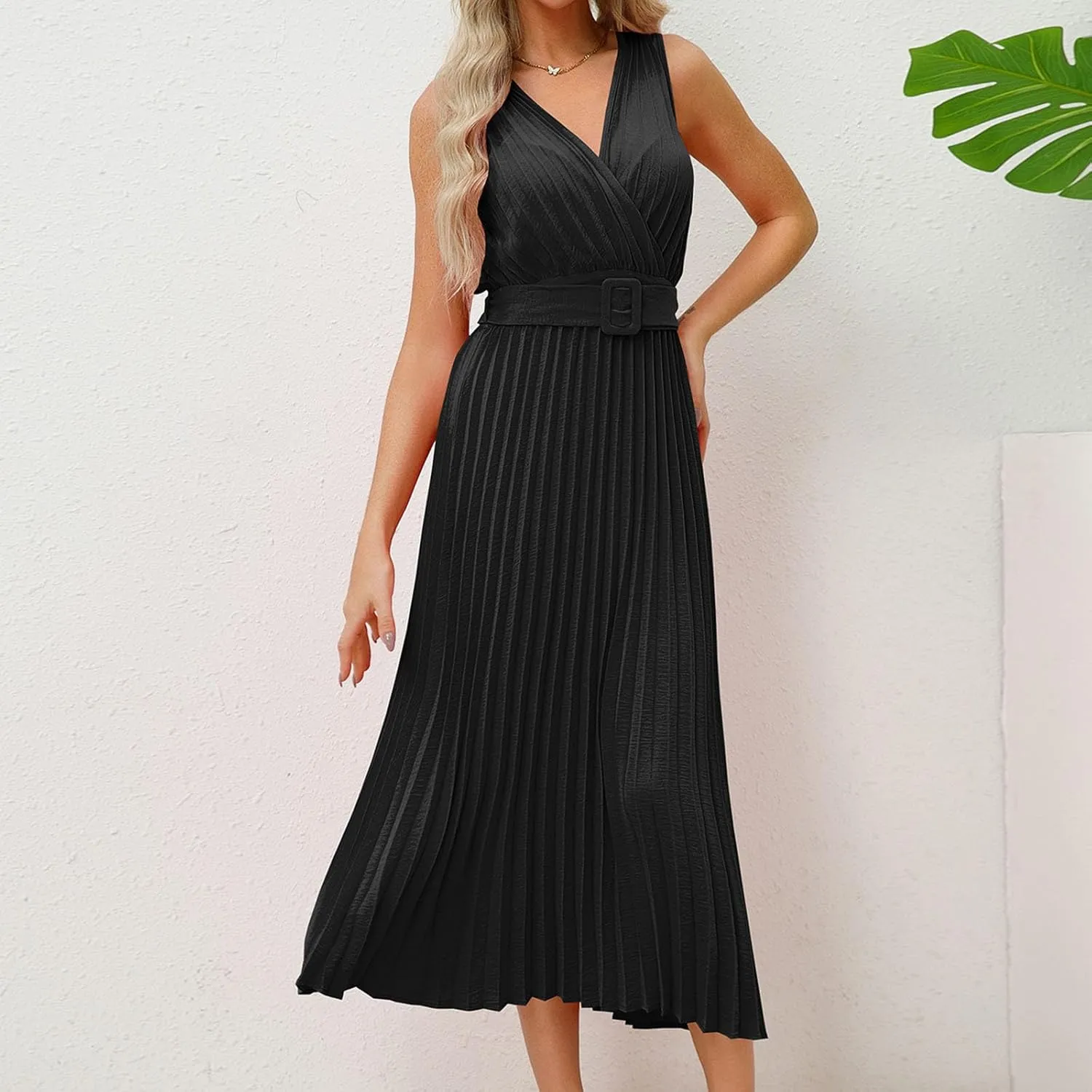 Womens Pleated Flowy Long Dress Belted A-Line Dress Summer Vacation Beach Long Dress Wedding Gueste Party Dresses