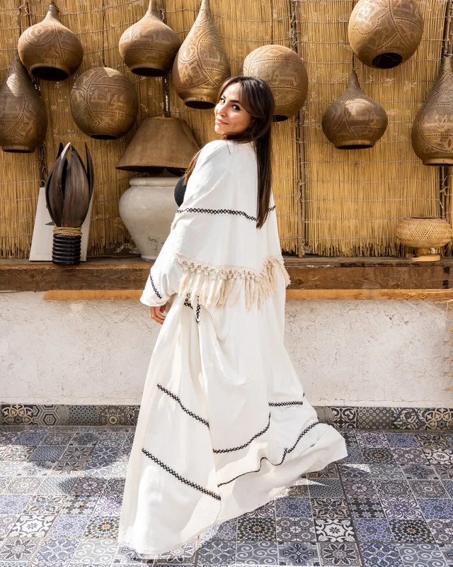 Women's Pure Linen Beige Cardigan with Handmade Embroidery - Elegant Wedyan Design, Made in Egypt - One Size Fit