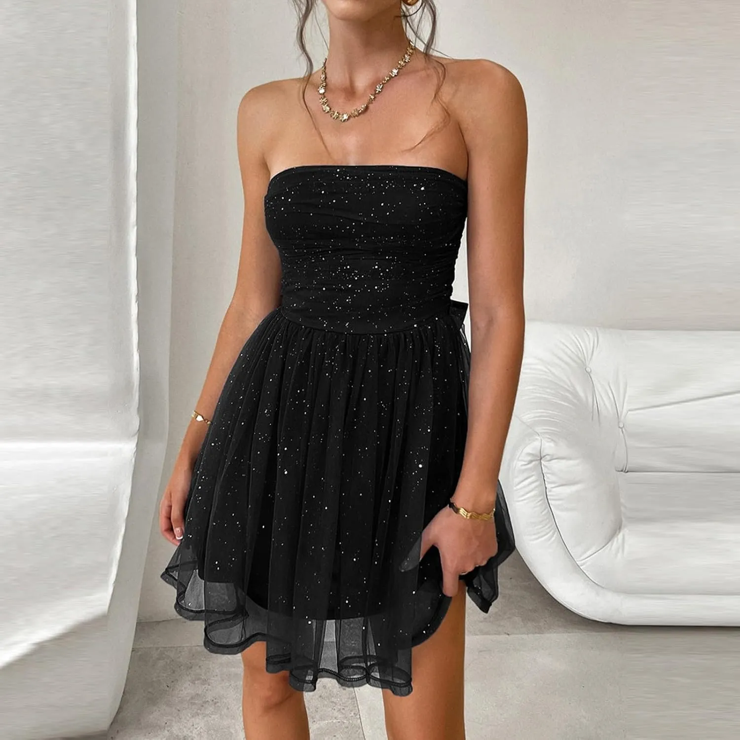 Women's Summer Cocktail Dress Ruched Mini Dress Elegant Strapless A-Line Midi Dress with Sparkling Tulle Overlay