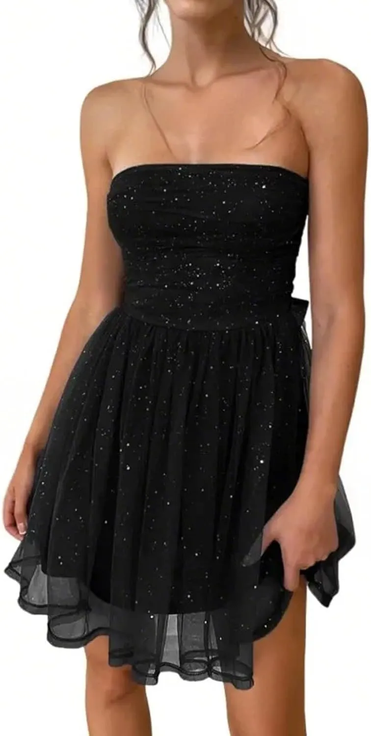 Women's Summer Cocktail Dress Ruched Mini Dress Elegant Strapless A-Line Midi Dress with Sparkling Tulle Overlay
