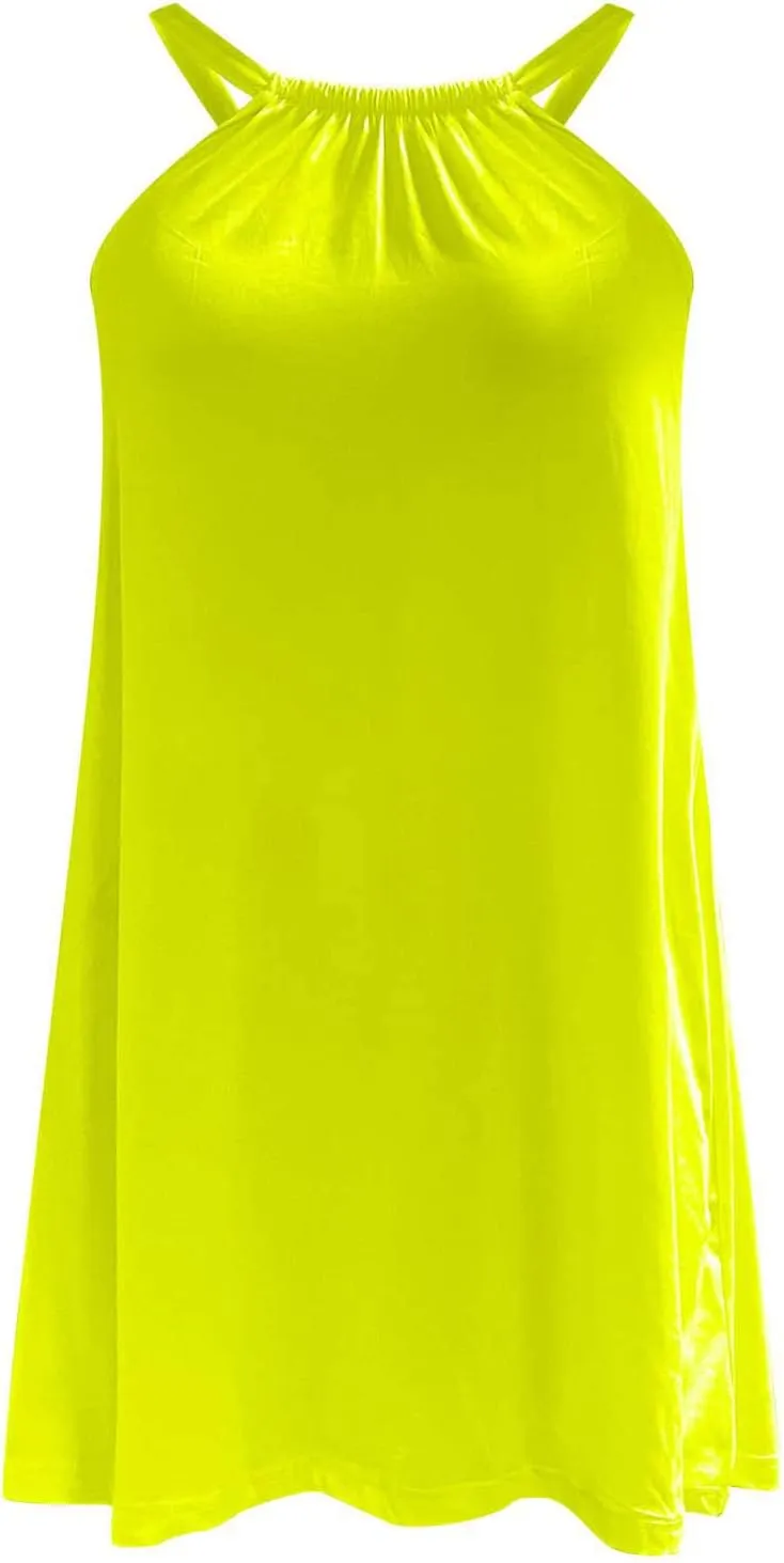 Womens Summer Dress 2024 Crewneck Solid Color Sleeveless Boho Mini Dress Loose Fit Tunic Casual Beach Vacation Sundress