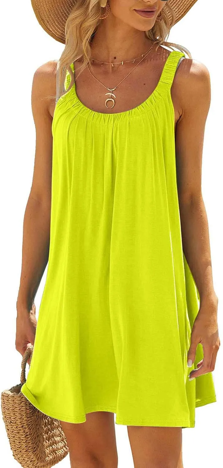 Womens Summer Dress 2024 Crewneck Solid Color Sleeveless Boho Mini Dress Loose Fit Tunic Casual Beach Vacation Sundress