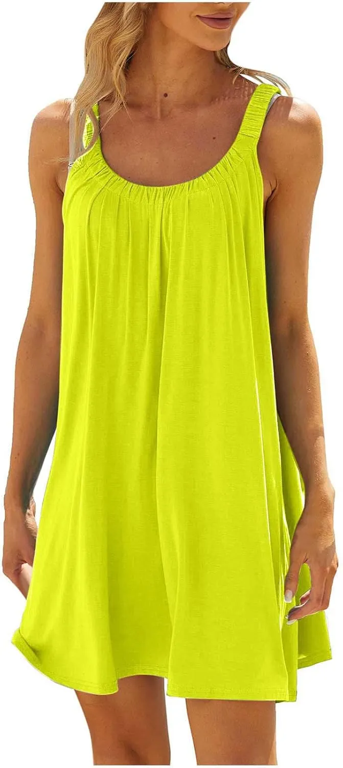 Womens Summer Dress 2024 Crewneck Solid Color Sleeveless Boho Mini Dress Loose Fit Tunic Casual Beach Vacation Sundress