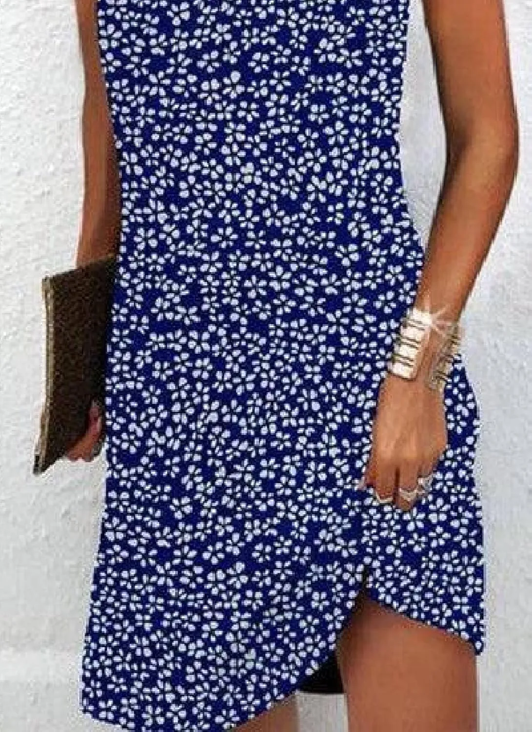 Women's Summer Dresses Chic Halter Neck Sleeveless Dress Boho Blue Floral Print Shift Mini Dress for Beach Casual Wear