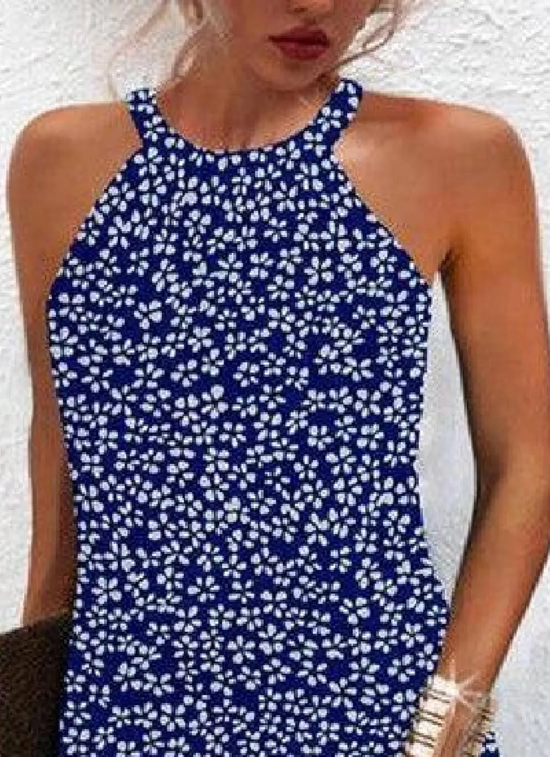 Women's Summer Dresses Chic Halter Neck Sleeveless Dress Boho Blue Floral Print Shift Mini Dress for Beach Casual Wear