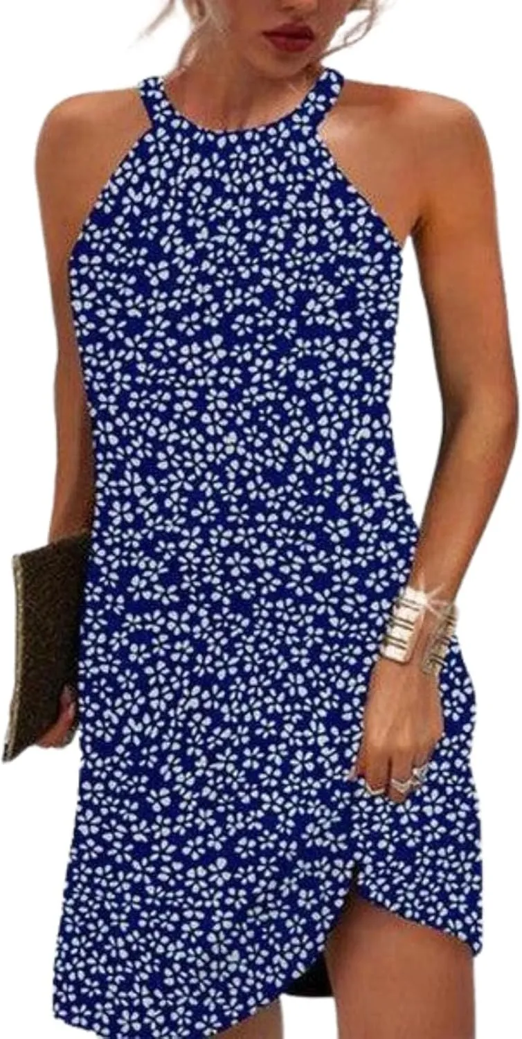 Women's Summer Dresses Chic Halter Neck Sleeveless Dress Boho Blue Floral Print Shift Mini Dress for Beach Casual Wear