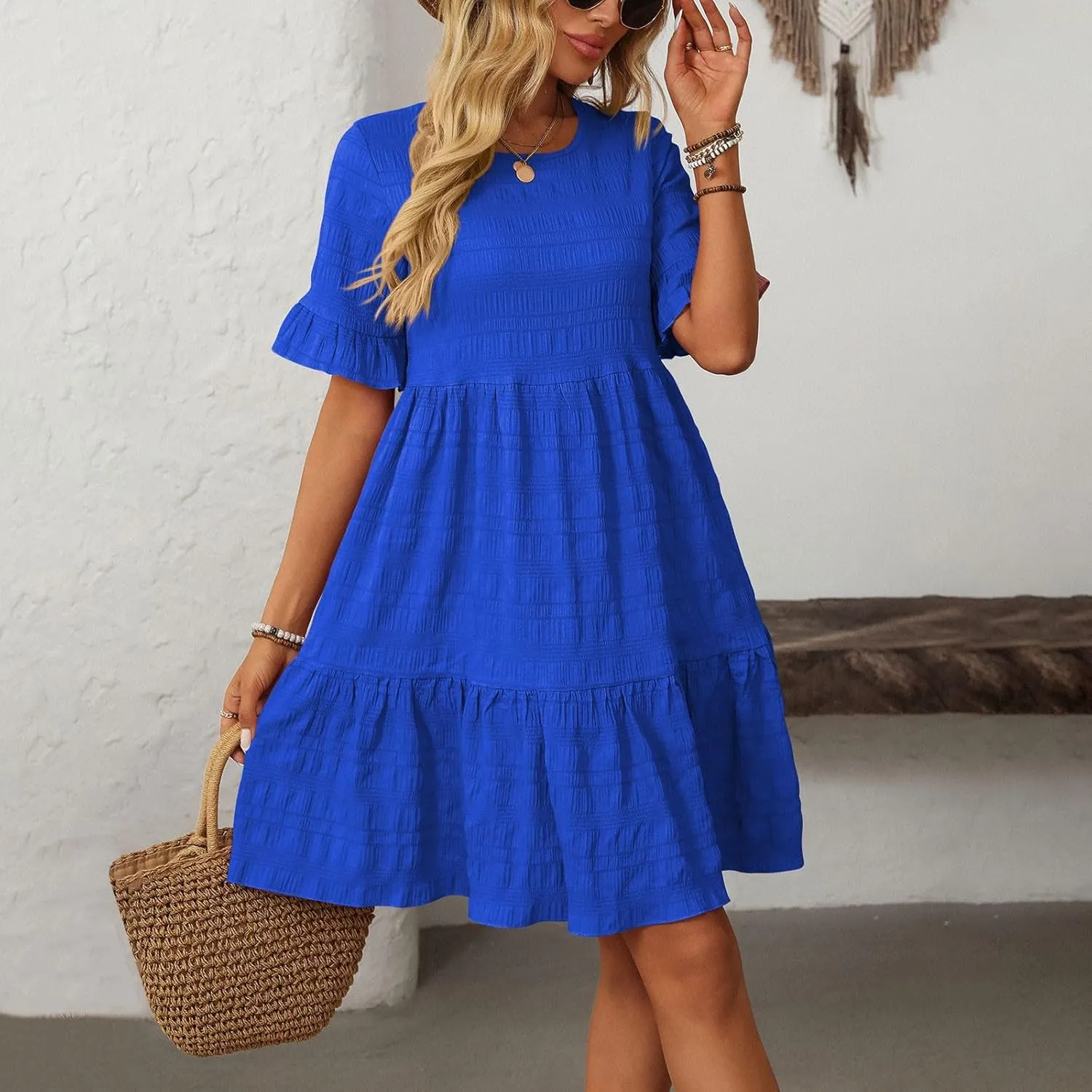 Womens Summer Dresses Fashion 2025 Crewneck Solid Casual Short Sleeve Spring Mini Dress Beach Vacation Dresses