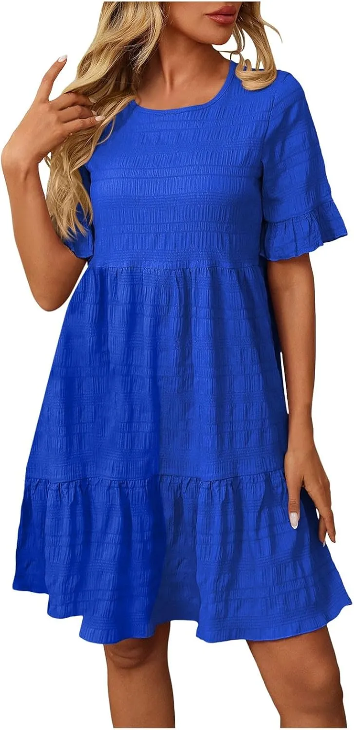 Womens Summer Dresses Fashion 2025 Crewneck Solid Casual Short Sleeve Spring Mini Dress Beach Vacation Dresses