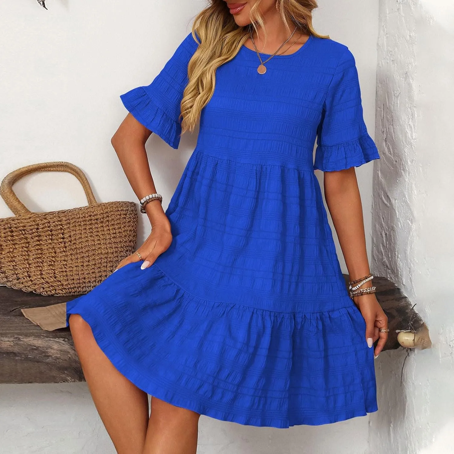 Womens Summer Dresses Fashion 2025 Crewneck Solid Casual Short Sleeve Spring Mini Dress Beach Vacation Dresses