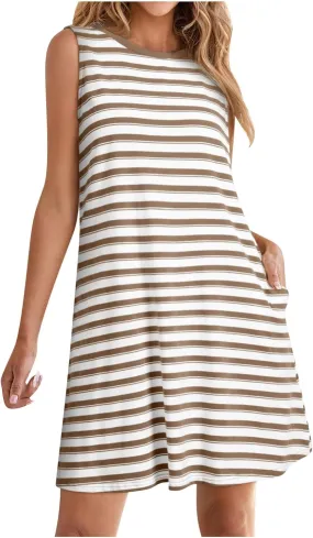 Xiaojmake Women Maternity Dress Loose Striped T-Shirt Dress Sleeveless Crewneck Tank Dress Casual Beach Sundress with Pockets