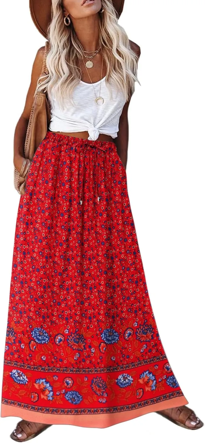 Zeagoo Women's 2025 Boho Floral Skirt Casual Elastic High Waist Maxi Skirts Flowy A Line Beach Long Skirt with Side Pockets